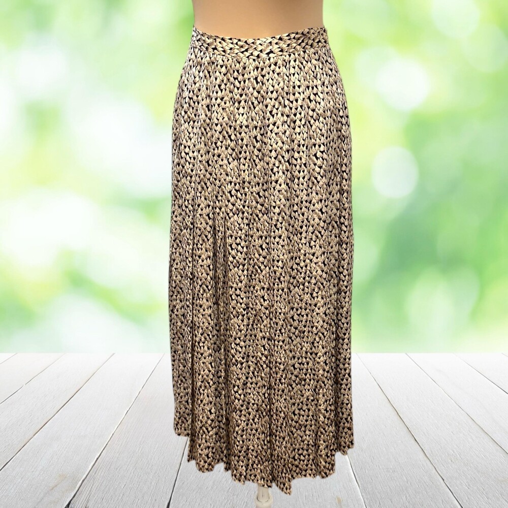 Vintage DONCASTER Silk Maxi Skirt Pleated Fruit Print Flowy Black Beige Size 8